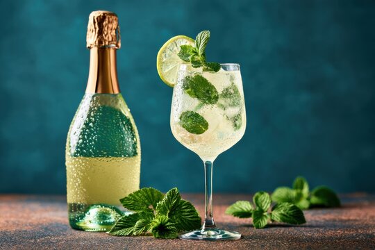 Refreshing Sparkling Cocktail with Lime and Mint Garnish on Teal Background