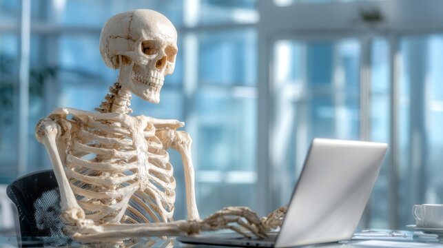 A skeleton model sits at a desk typing on a laptop with a blurred office window background.