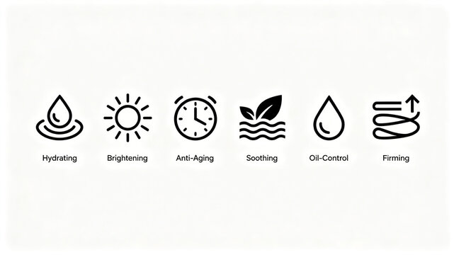 The line skin care core efficacy icon represents moisturizing, brightening, anti-aging and oil control, and is applicable to the beauty product introduction and brand e-commerce landing page.
