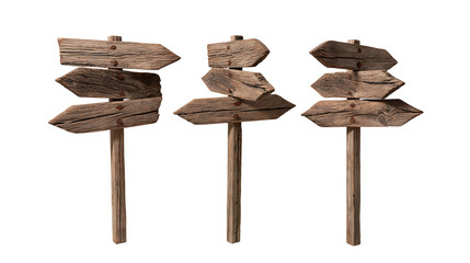 Three rustic weathered wooden signposts with multiple directional arrow boards © Eustace
