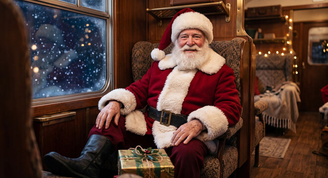 Der Weihnachtsmann unterwegs in einem historischen Zug
