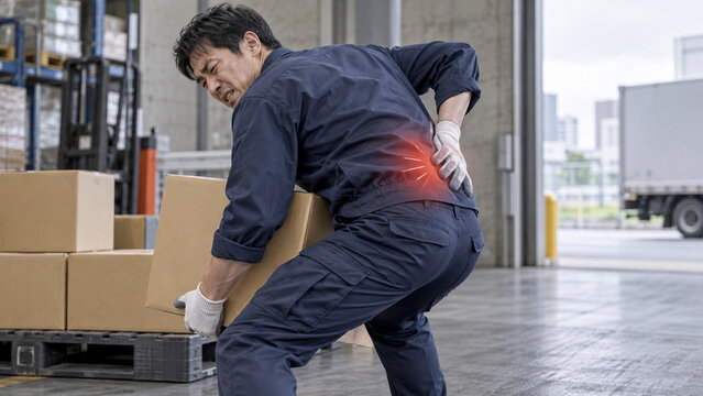 倉庫で段ボールを持ち上げた瞬間に腰痛を感じる日本人作業員