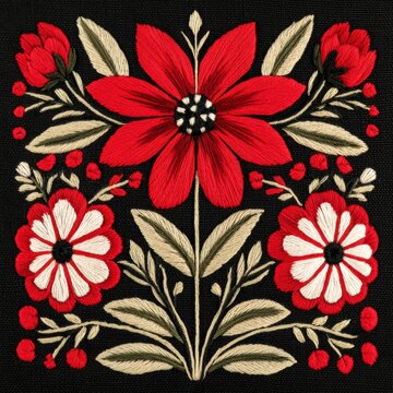 Red and White Floral Embroidery Pattern on Black Fabric