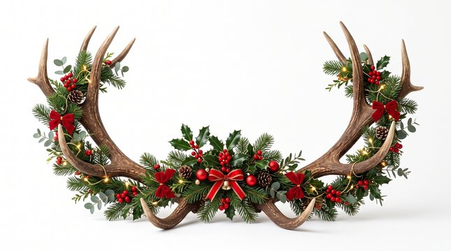 Isolated on a white background, deer antlers in PNG format with Christmas garlands and holly