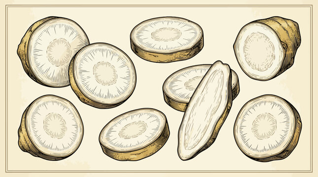 Hand drawn jerusalem artichoke and sunchoke root slices vector set