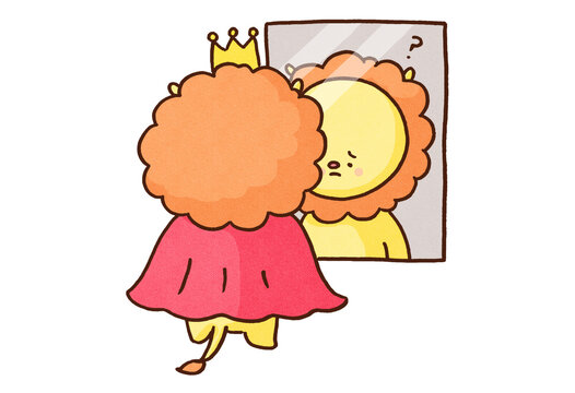 Lion wearing a crown looking in the mirror without confidence, impostor syndrome or low self-esteem concept