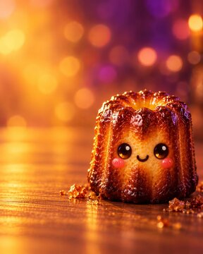 Smiling glazed bundt cake with a kawaii face rests on a wooden table. Warm bokeh fills the colorful background around the ring-shaped dessert. Cute baking, food art, and celebration concept.
