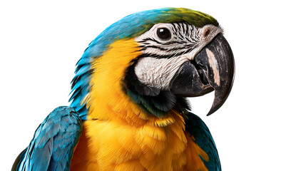 Blue and yellow macaw parrot head portrait with vibrant plumage and black beak © Eustace