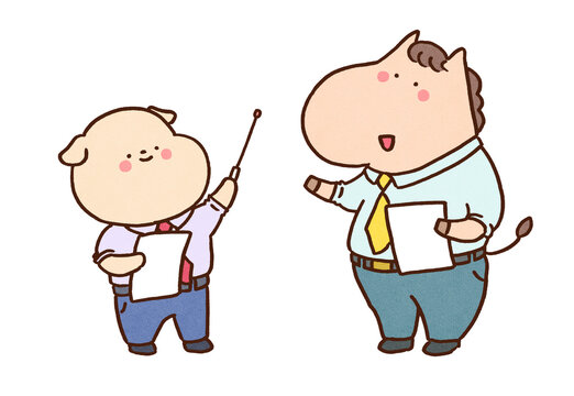 Dog and horse in suits giving an exaggerated presentation, dog and pony show idiom or overblown marketing concept