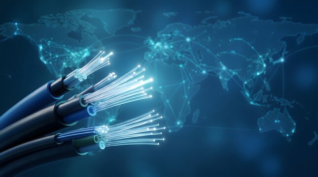 Global Fiber Optic Network Technology with High Speed Broadband Internet Cables and World Map Background