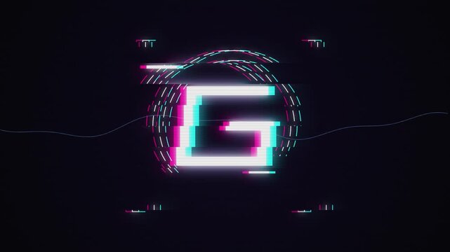 Futuristic letter g digital animation with glitch distortion effects moving on dark minimalist high tech background.