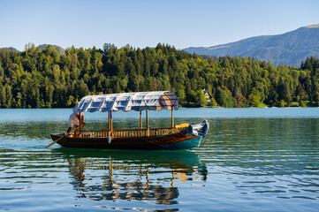 A classic Slovenian pletna wooden boat with a striped canopy glides across the clear blue waters of Lake Bled. The oarsman propels the boat against a background of dense green forest. © Alexandra Dubinina