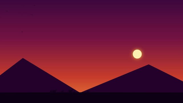 Minimalist vector landscape with silhouette of animals walking across desert mountains at sunset