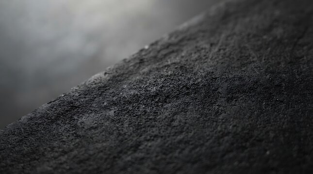 Close up of dark textured rock surface with a blurred gray background