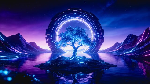 Glowing Tree and Futuristic Portal in Neon Landscape