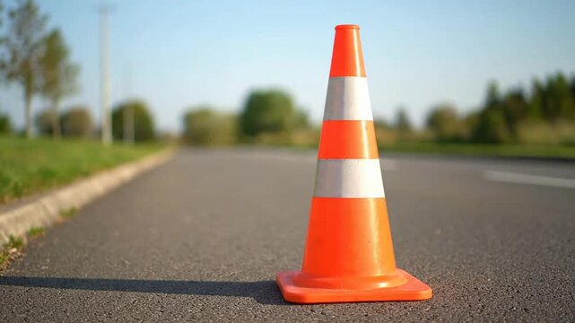 Bright orange traffic cone placed on a paved road surface for safety marking