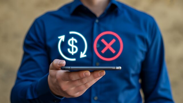 Digital payment concept showing dollar symbol and cancellation symbol on smartphone