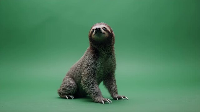 A cute sloth stands on a green background in a studio setting.