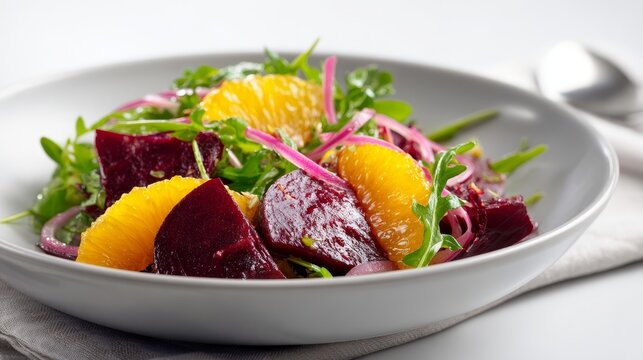 vegan food photography of a roasted beetroot and orange salad, deep ruby beet slices with fresh orange segments, arugula leaves, thin red onion, light citrus vinaigrette