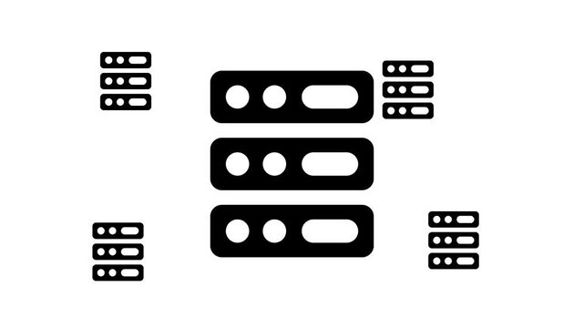 Zoom in and out animation the server symbol. Large black symbol in the center and four small symbols around. Seamless looped 4k animation on white background