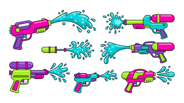 Set of vibrant colorful water gun blasters spraying turquoise water isolated on white background, representing summer fun activities and illustrating outdoor recreational leisure games