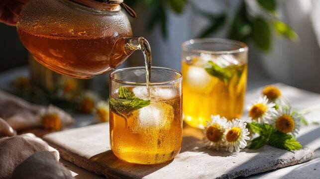 a blissful moment with iced tea: Two clear glasses filled with golden iced tea
