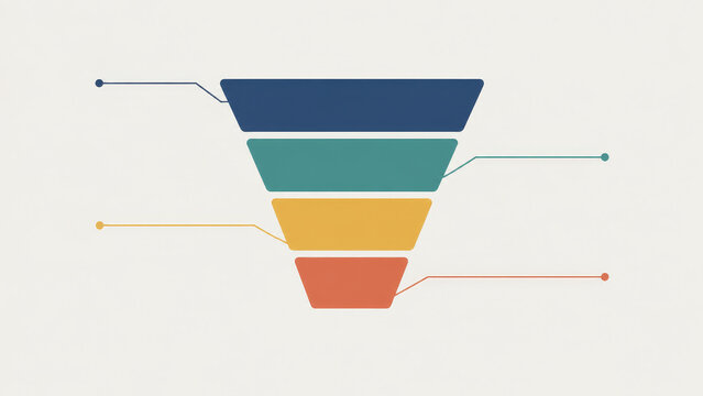 Dynamic infographic visualizing a multi-stage conversion funnel, illustrating the progressive filtering process for lead generation, sales, and data flow in a strategic business context