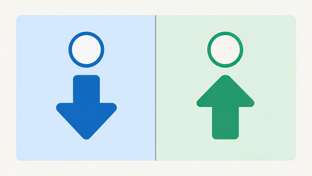 Abstract flat icons of arrow down and arrow up with circles representing direction, download and upload, or human figures on blue and green backgrounds