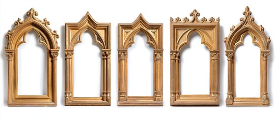 Obraz premium Five ornate gilded wooden gothic-style frames arranged side by side against a white background