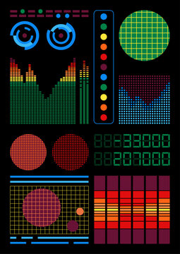1980s Retro Computers Visual Panel, Vintage Colors, Shapes, Digits, Charts, Equalizers. Abstract Background for the 1980s Posters, Retro Future Style Objects