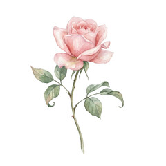 Fototapeta premium Beautiful delicate pink rose watercolor flower illustration isolated on transparent background