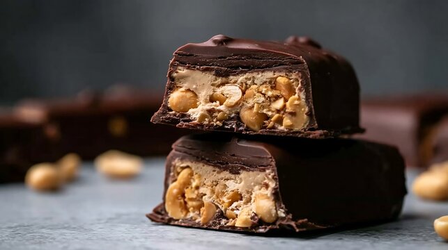 Close-up shot of delicious stacked chocolate candy bar filled with crunchy roasted peanuts nougat and caramel layers gourmet confectionery sweet dessert food snack concept
