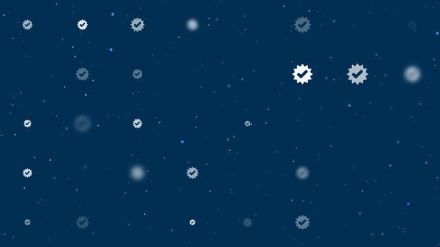 Template animation of evenly spaced verified badge symbols of different sizes and opacity. Animation of transparency and size. Seamless looped 4k animation on dark blue background with stars