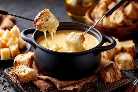 Delicious traditional Swiss cheese fondue in black cast iron pot with piece of crusty bread dipped on fork tasty gourmet food culinary concept