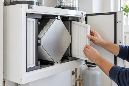 Technician replaces an HVAC filter. An open residential heat recovery unit reveals ducts and a metal exchanger. Heating maintenance improves air quality and energy efficiency.