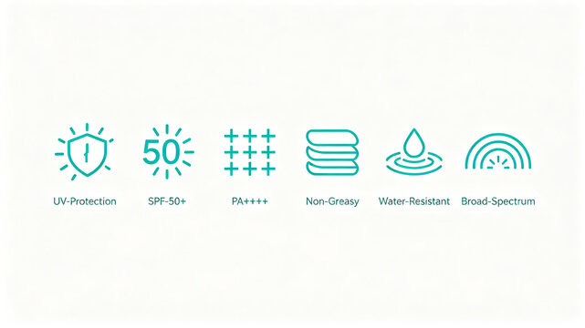 Sunscreen function vector icon, representing broad-spectrum sunscreen, waterproof and non greasy, suitable for overseas promotional materials of sunscreen.
