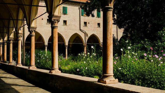 Scenic historic cloister courtyard inside the Basilica of Saint Anthony of Padua, Ital