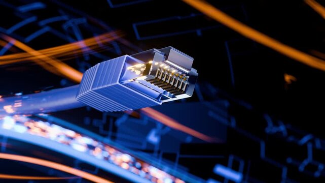 Data transmission over the Internet. A futuristic RJ-45 connector for connecting to a local area network or the Internet. Client-server connection concept. Operation of network protocols.