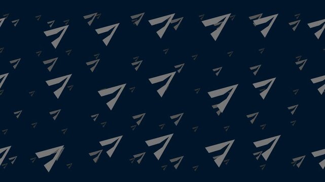 Paper plane symbols float horizontally from left to right. Parallax fly effect. Floating symbols are located randomly. Seamless looped 4k animation on dark blue background