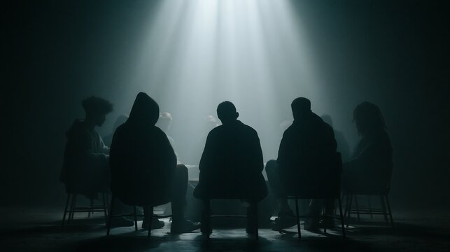 Mysterious group of people sitting in circle under dramatic spotlight beam in dark room representing secret society confidential meeting support therapy group concept