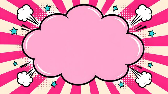 Cloud shaped speech bubble with pink ray background and blue star accents cloud shape pop art ray burst comic book halftone