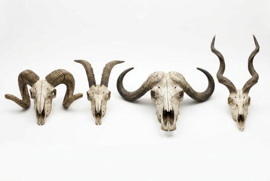 Collection of Four Different Animal Skulls with Horns Isolated on White Background - Ram, Goat, Buffalo, and Kudu