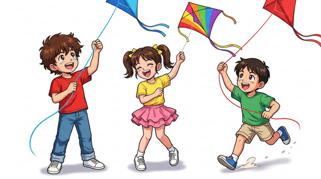     Cheerful Children Flying Colorful Kites