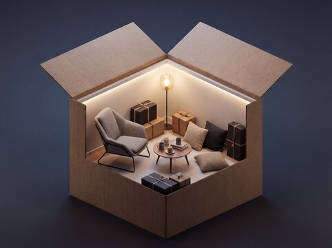 3D Isometric Miniature Living Room Inside a Cardboard Box with Modern Furniture, Cozy Interior Design Concept for Moving House, Home Staging, and Real Estate Relocation Services