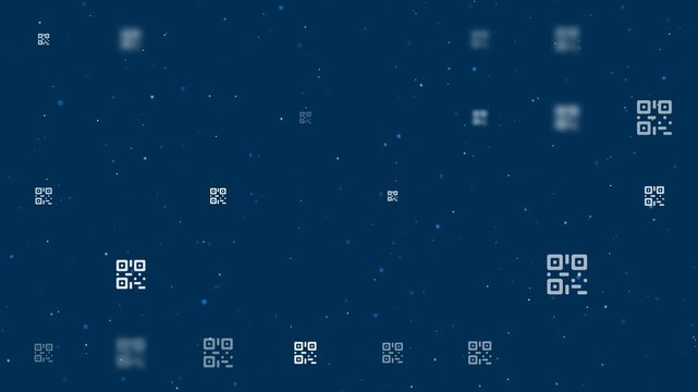 Template animation of evenly spaced qr code symbols of different sizes and opacity. Animation of transparency and size. Seamless looped 4k animation on dark blue background with stars