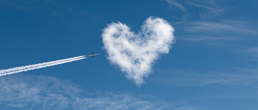 Airplane flying away from a heart-shaped cloud in the sky, leaving a contrail behind