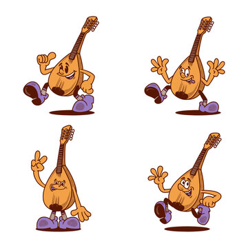 mandolin music instrument groovy retro character bundle. Vector illustration, logo, cartoon, mascot, funny, set, vintage, sticker, icon, tools
