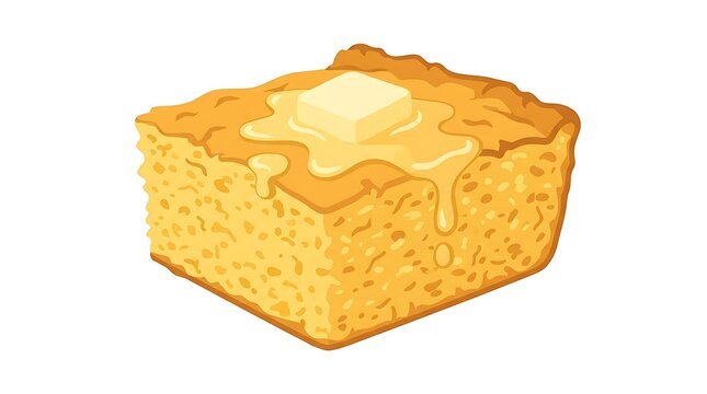 A single square piece of golden yellow cornbread topped with a melting pat of butter