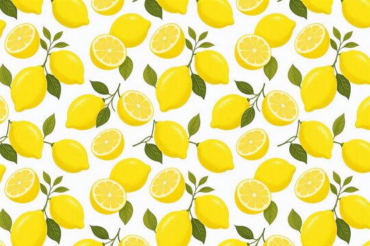 Seamless lemon pattern featuring both whole and sliced ​​fruit suitable for fashion design, fabric, and wallpaper applications set against a white background