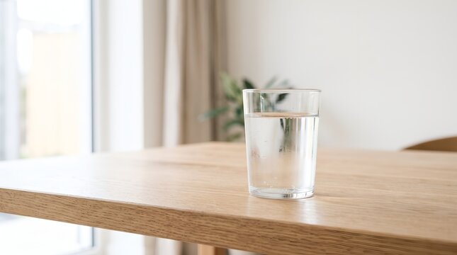 A clear glass filled with cool water sits on a polished wooden table, ready for refreshment